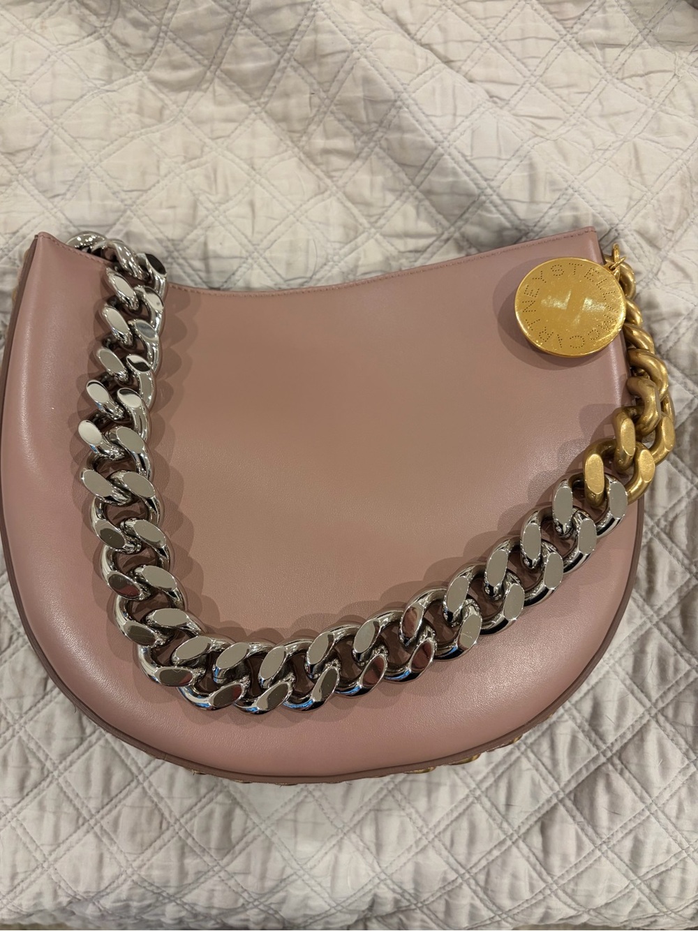 Stella McCartney Frayme Dusty Pink Shoulder Bag with Chunky Two-Tone Chain - Picture 1 of 11